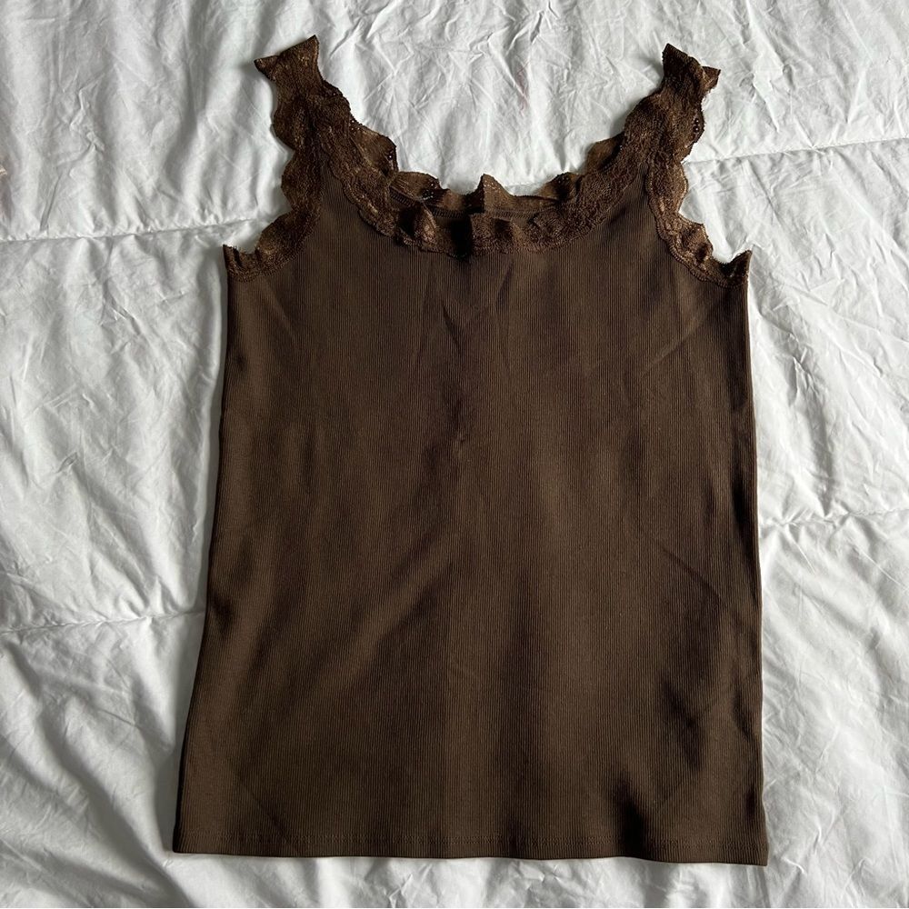 Fresh produce brown cami tank top lace trim large l